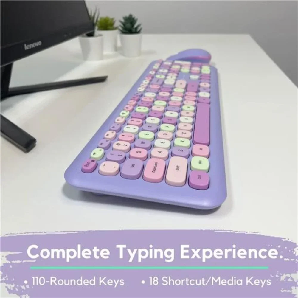 Colorful Keyboard and Mouse Combo - 2.4G Wireless Aesthetic Purple Keyboard